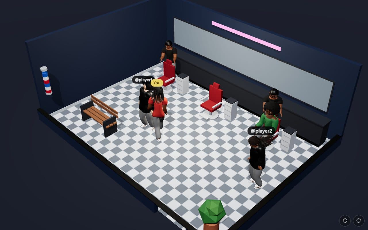 A barbershop with players waiting and the barber at work