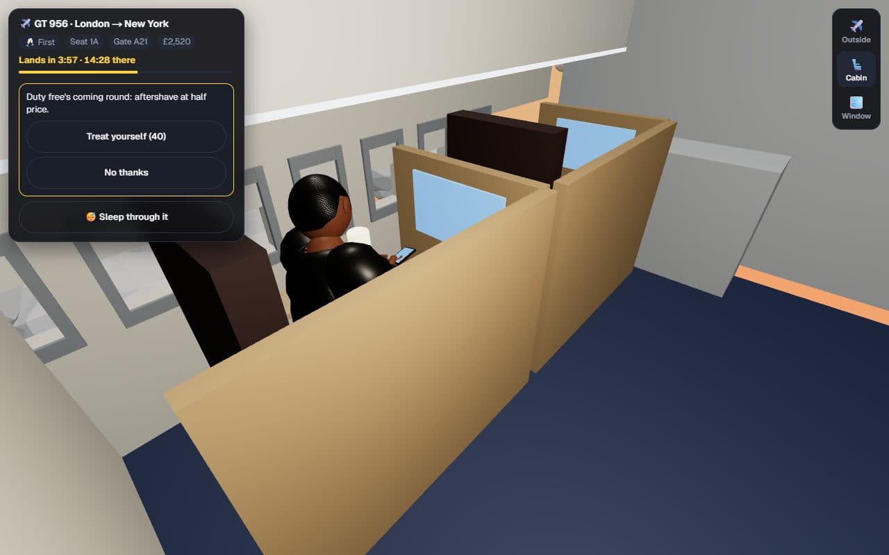 A first-class seat on a plane with a player on their phone