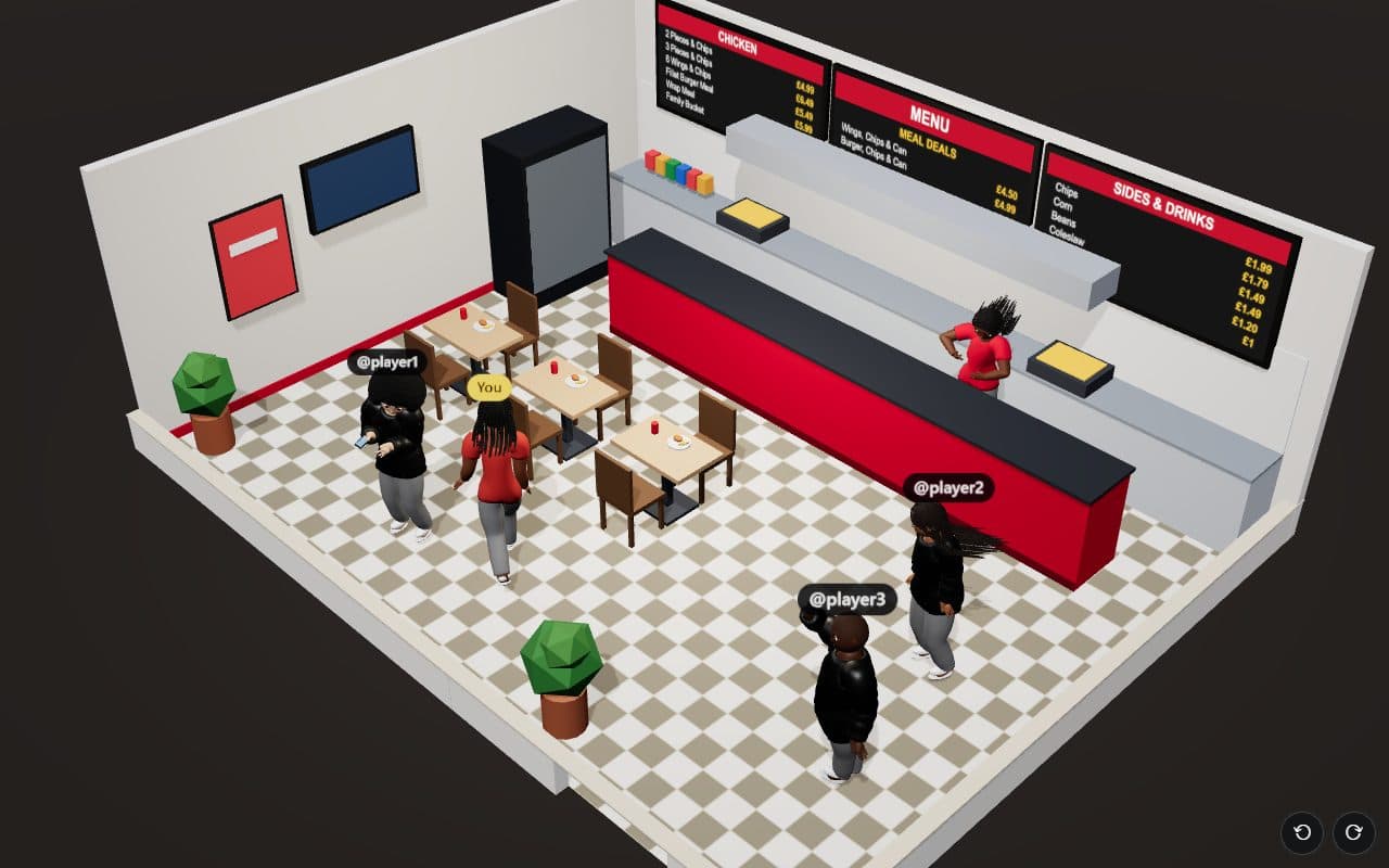 A chicken shop with players standing about and talking